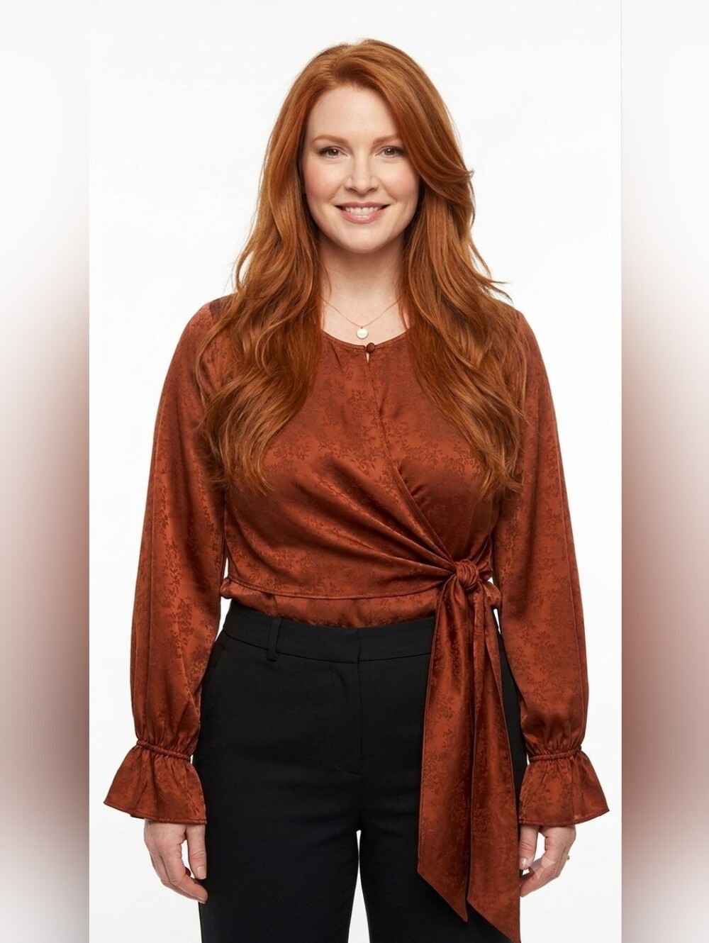 Size 0X Addition Elle Rust Tie-Front Long Sleeve Satin Print Blouse